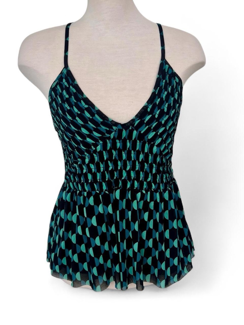 Y2K Black & Teal Geometric Sleeveless V-Neck Top